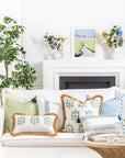 Coastal Indoor Outdoor Lumbar Pillow Cover, Embroidered Stripes with Tassels, Baby Blue, 12"x20"