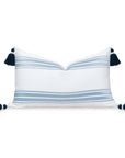 Coastal Indoor Outdoor Lumbar Pillow Cover, Embroidered Stripes with Tassels, Baby Blue, 12"x20"