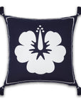 Coastal Outdoor Performance Pillow Cover, Embroidered Hibiscus Floral with Tassels, Dark Navy Blue, 18"x18"