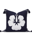 Coastal Outdoor Performance Pillow Cover, Embroidered Hibiscus Floral with Tassels, Dark Navy Blue, 18"x18"