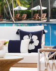 Coastal Outdoor Performance Pillow Cover, Embroidered Hibiscus Floral with Tassels, Dark Navy Blue, 18"x18"