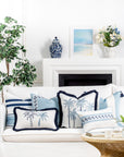 Coastal Indoor Outdoor Throw Pillow Cover, Embroidered Coconut Tree with Fringe, Baby Blue, 20"x20"
