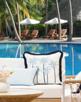 Coastal Indoor Outdoor Throw Pillow Cover, Embroidered Coconut Tree with Fringe, Baby Blue, 20"x20"