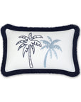 Coastal Indoor Outdoor Lumbar Pillow Cover, Embroidered Coconut Tree with Fringe, Baby Blue, 12"x20"