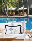 Coastal Indoor Outdoor Lumbar Pillow Cover, Embroidered Coconut Tree with Fringe, Baby Blue, 12"x20"