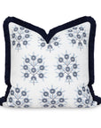 Coastal Indoor Outdoor Throw Pillow Cover, Embroidered Floral with Fringe, Navy Blue, 20"x20"