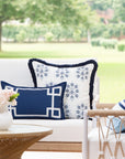 Coastal Indoor Outdoor Throw Pillow Cover, Embroidered Floral with Fringe, Navy Blue, 20"x20"
