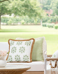 Coastal Indoor Outdoor Throw Pillow Cover, Embroidered Floral with Fringe, Green, 20"x20"