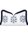 Coastal Indoor Outdoor Lumbar Pillow Cover, Embroidered Floral with Fringe, Navy Blue, 12"x20"