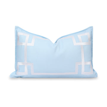 Coastal Indoor Outdoor Lumbar Pillow Cover, Embroidered Frame Greek Key, Baby Blue, 12