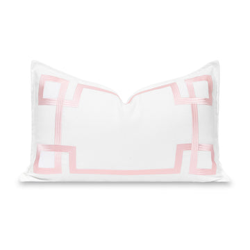 Coastal Indoor Outdoor Lumbar Pillow Cover, Embroidered Frame Greek Key, Blush Pink, 12