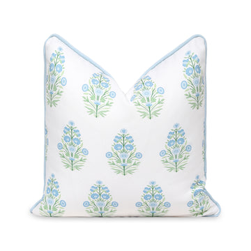 Coastal Indoor Outdoor Throw Pillow Cover, Floral with Piping, Baby Blue Green, 18