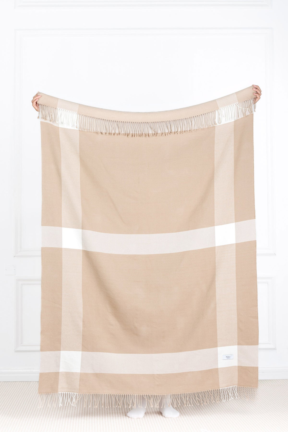 Tan Throw Coastal Neutral Tan Blanket, Classic Plaid with Fringe, 51