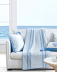 Palmira Stripes, Blue Throw Blanket, Woven Stripes and Tropical Leaves with Piping, 50"x70"