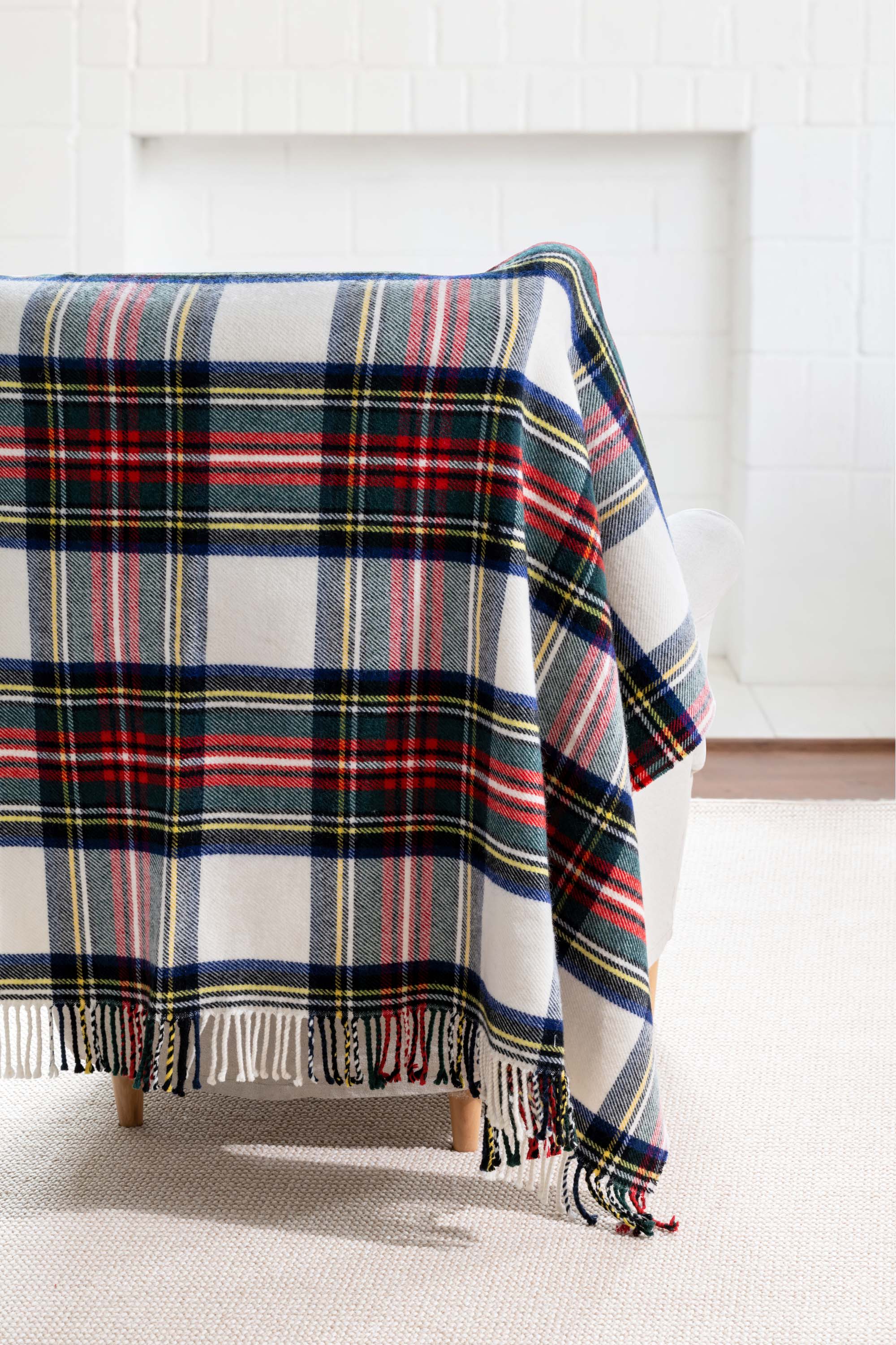 Royal Stewart Tartan Plaid, Merino Wool Holiday Throw Blanket, Beige Red, 50"x70"