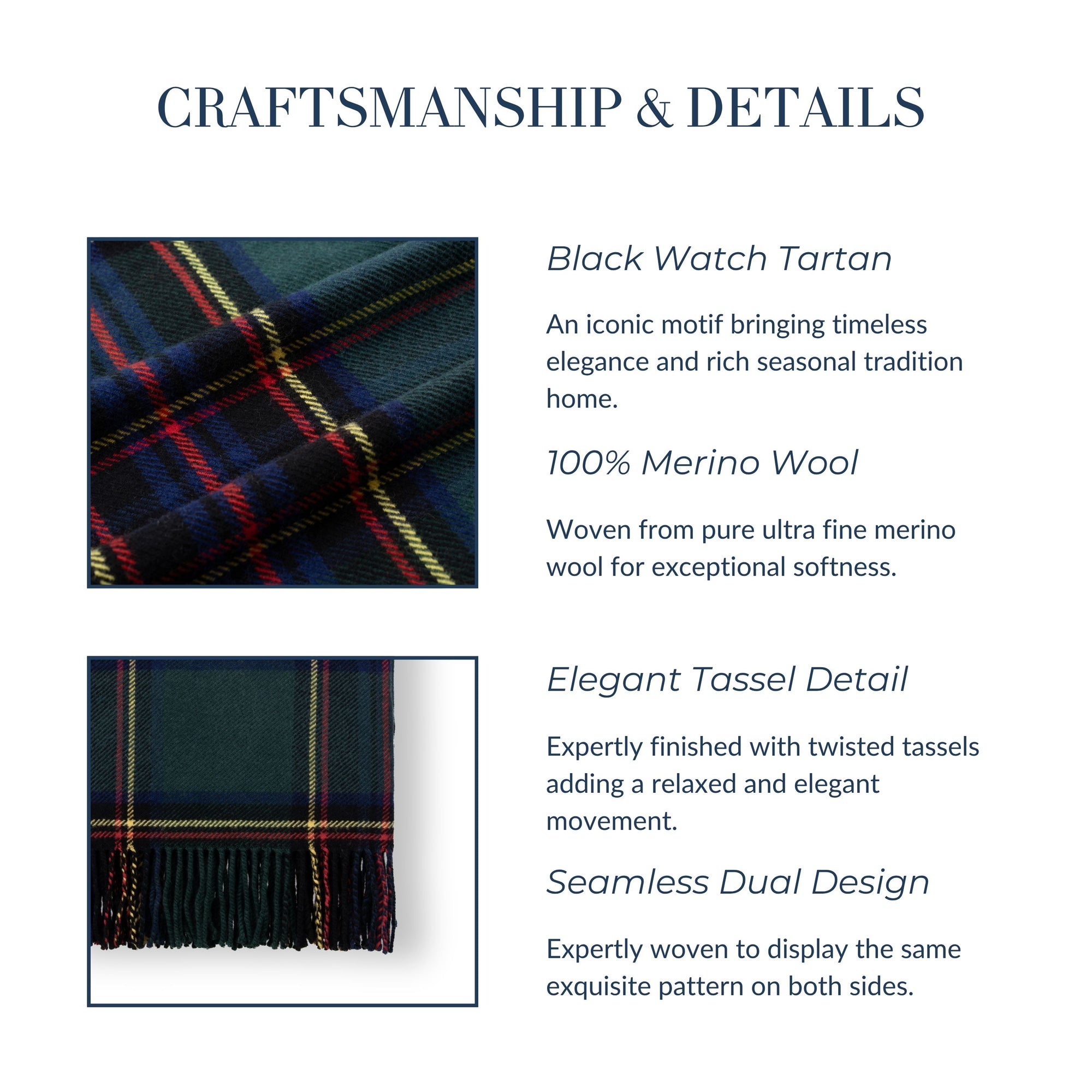 Black Watch Tartan Plaid, Merino Wool Decorative Throw Blanket, Hunter Green Navy, 50"x70"
