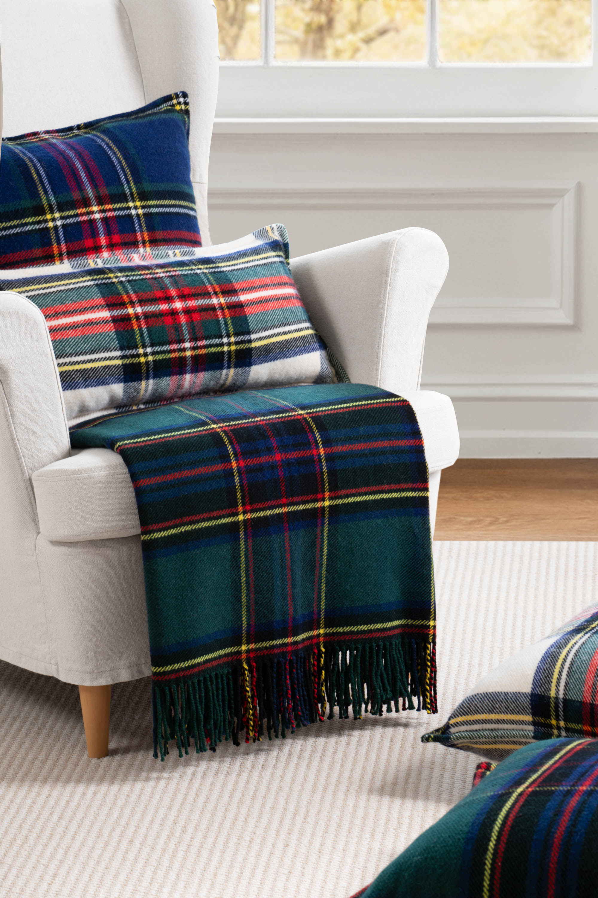 Black Watch Tartan Plaid, Merino Wool Decorative Throw Blanket, Hunter Green Navy, 50"x70"