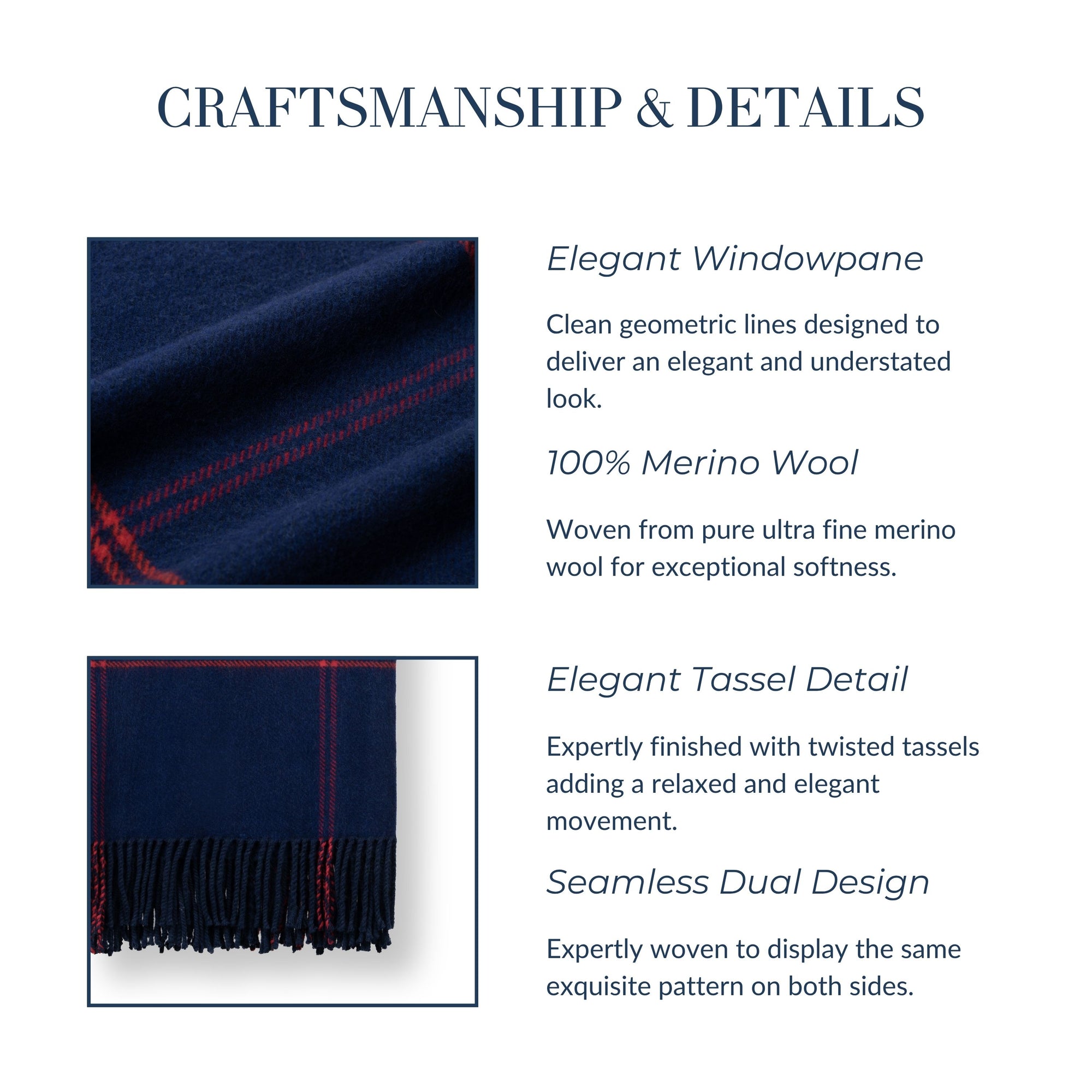 Chatham Windowpane, Merino Wool Decorative Throw Blanket, Navy Red, 50"x70"