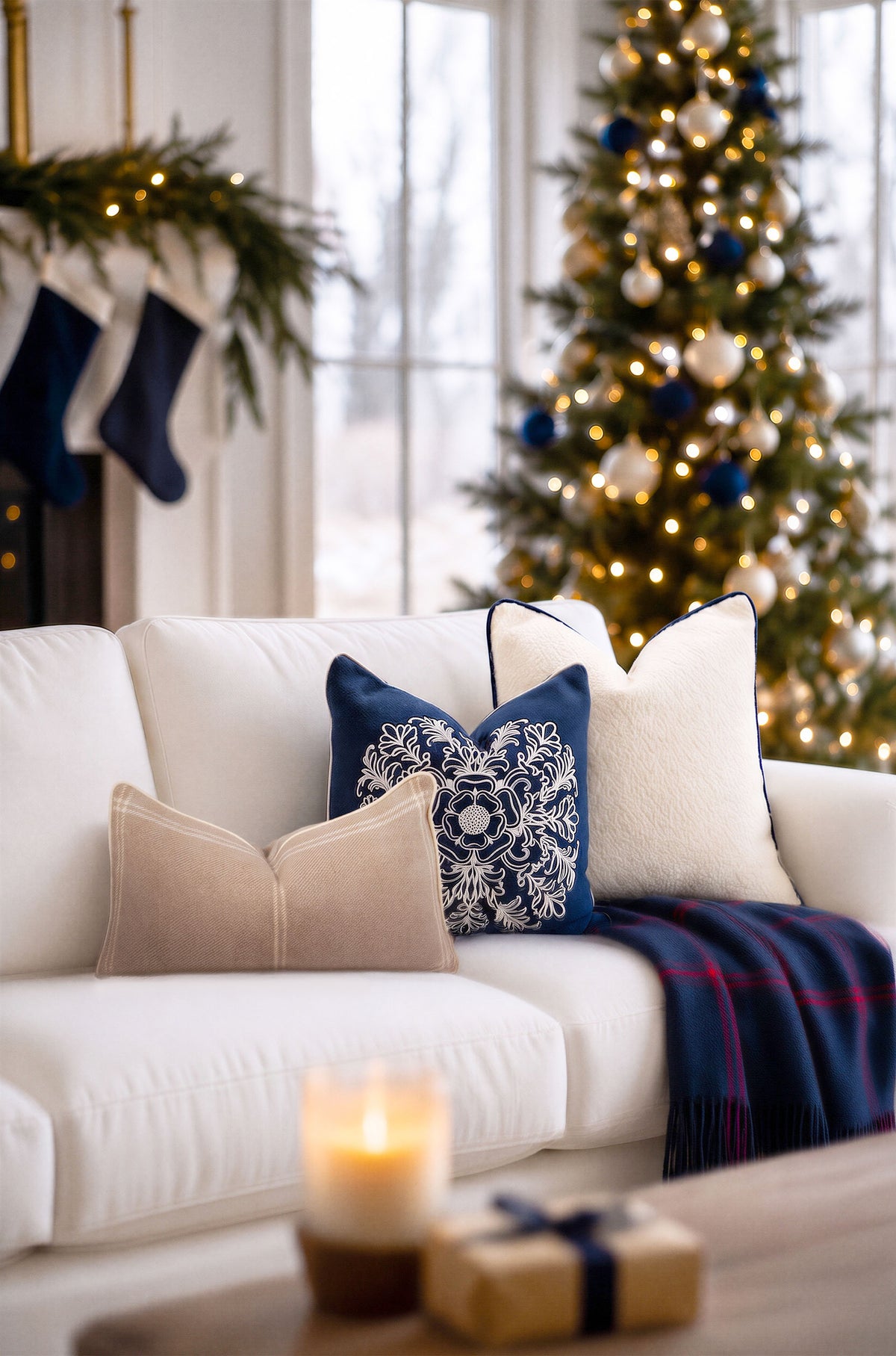 Chatham Windowpane, Merino Wool Decorative Throw Blanket, Navy Red, 50"x70"