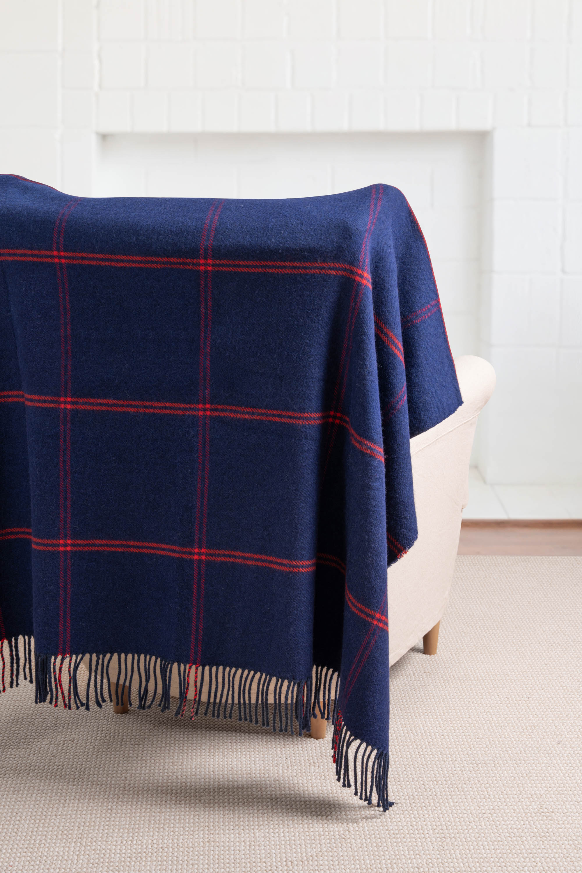 Chatham Windowpane, Merino Wool Decorative Throw Blanket, Navy Red, 50"x70"