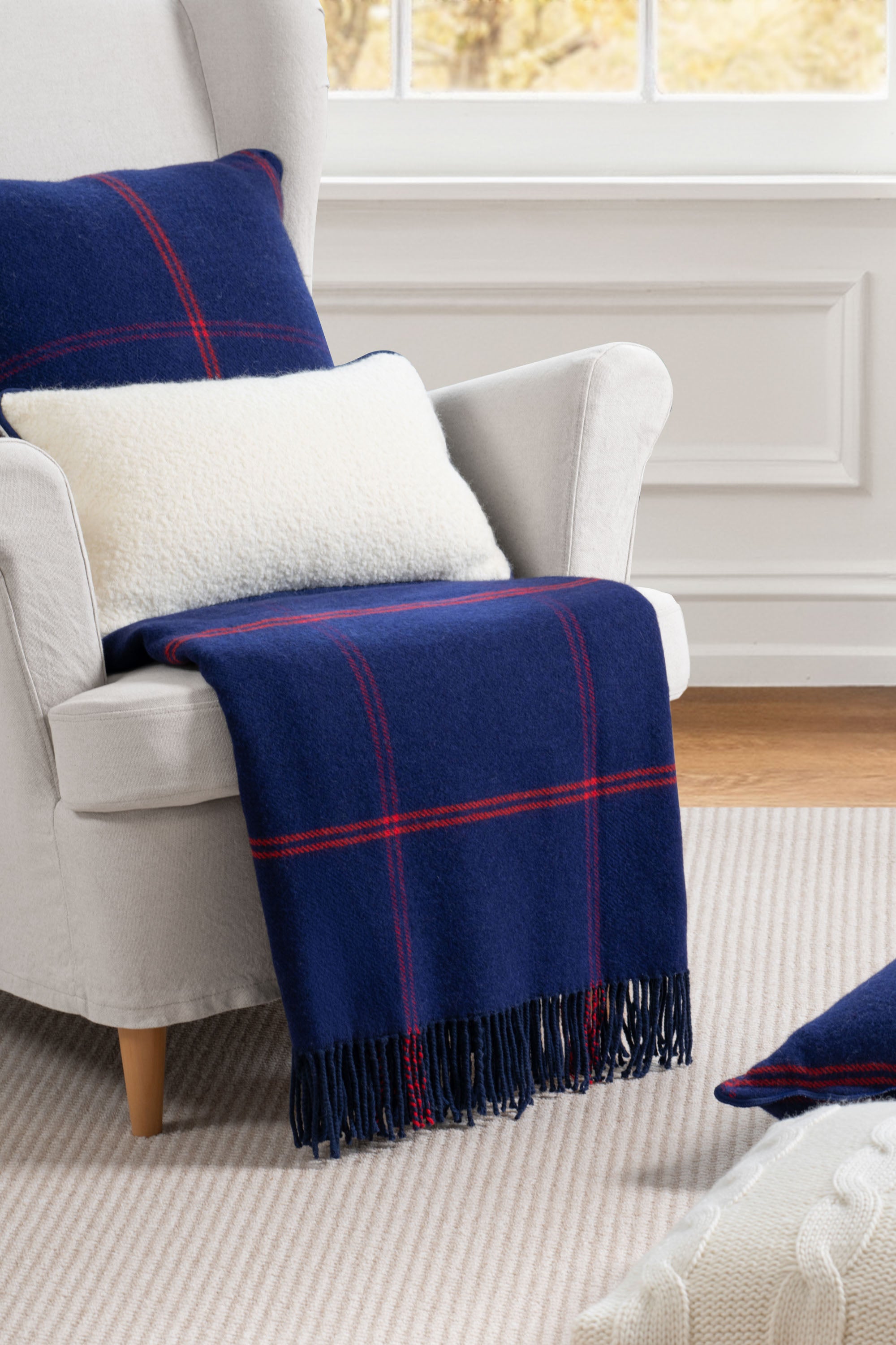 Chatham Windowpane, Merino Wool Decorative Throw Blanket, Navy Red, 50"x70"