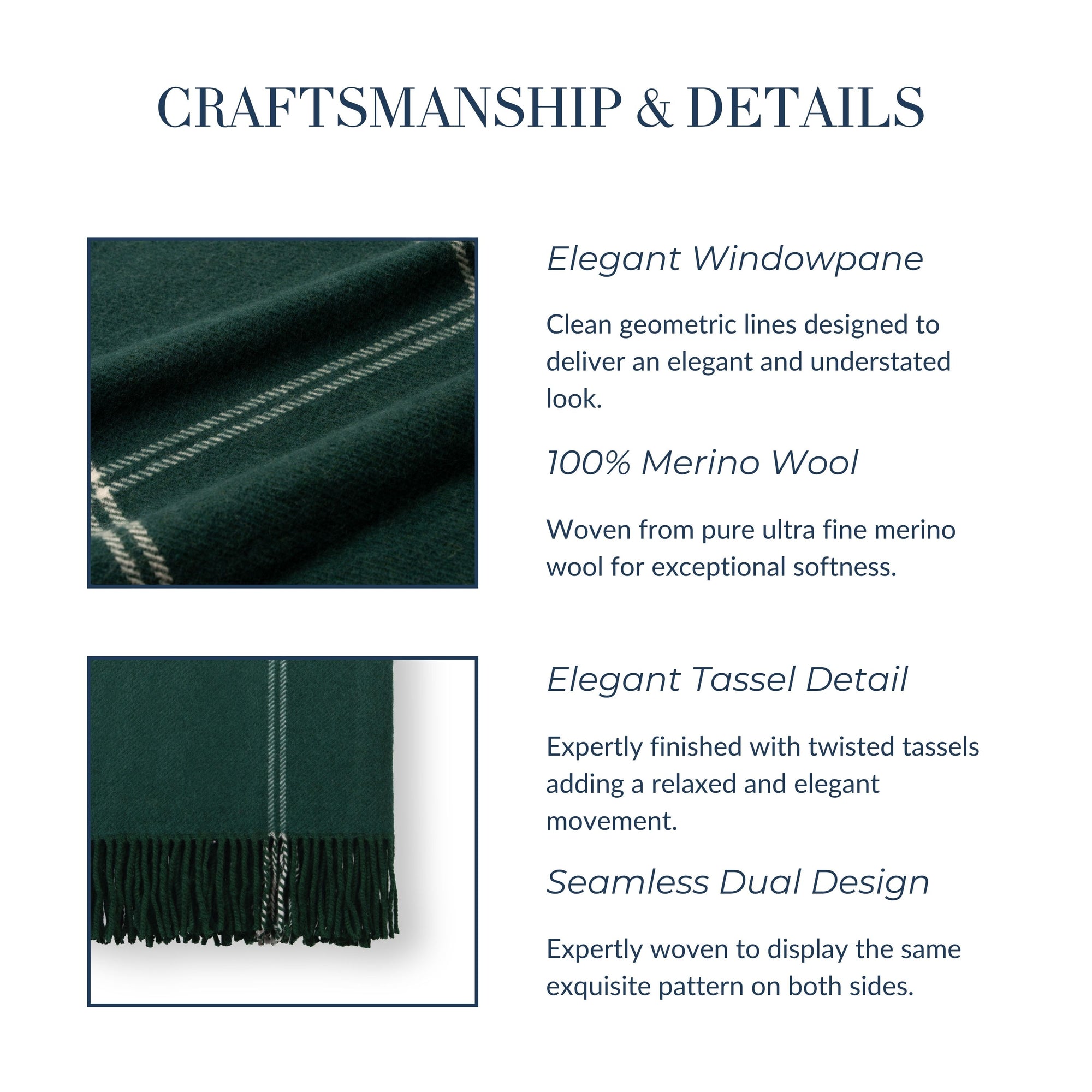 Chatham Windowpane, Merino Wool Plaid Throw Blanket, Hunter Green , 50"x70"