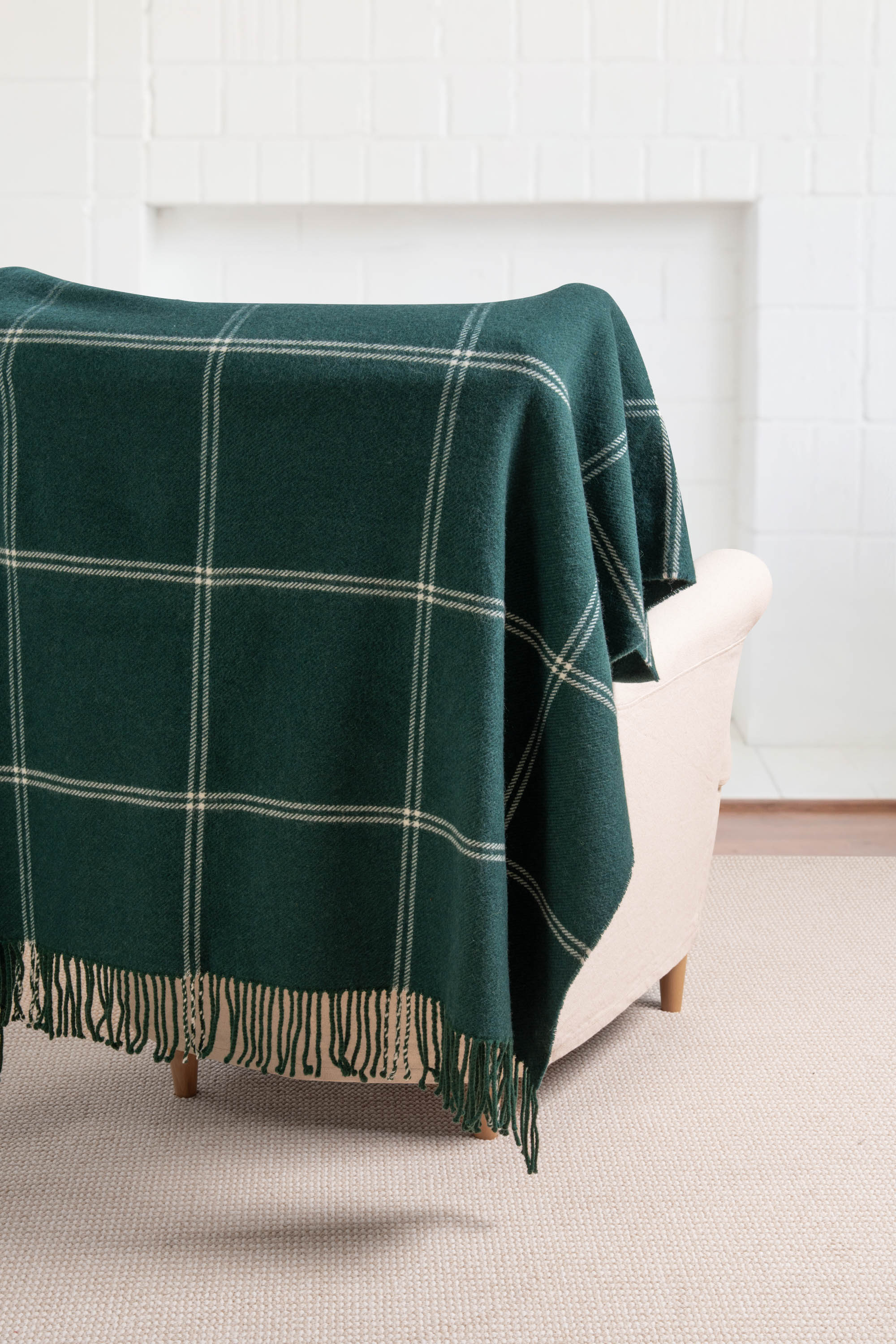 Chatham Windowpane, Merino Wool Plaid Throw Blanket, Hunter Green , 50"x70"