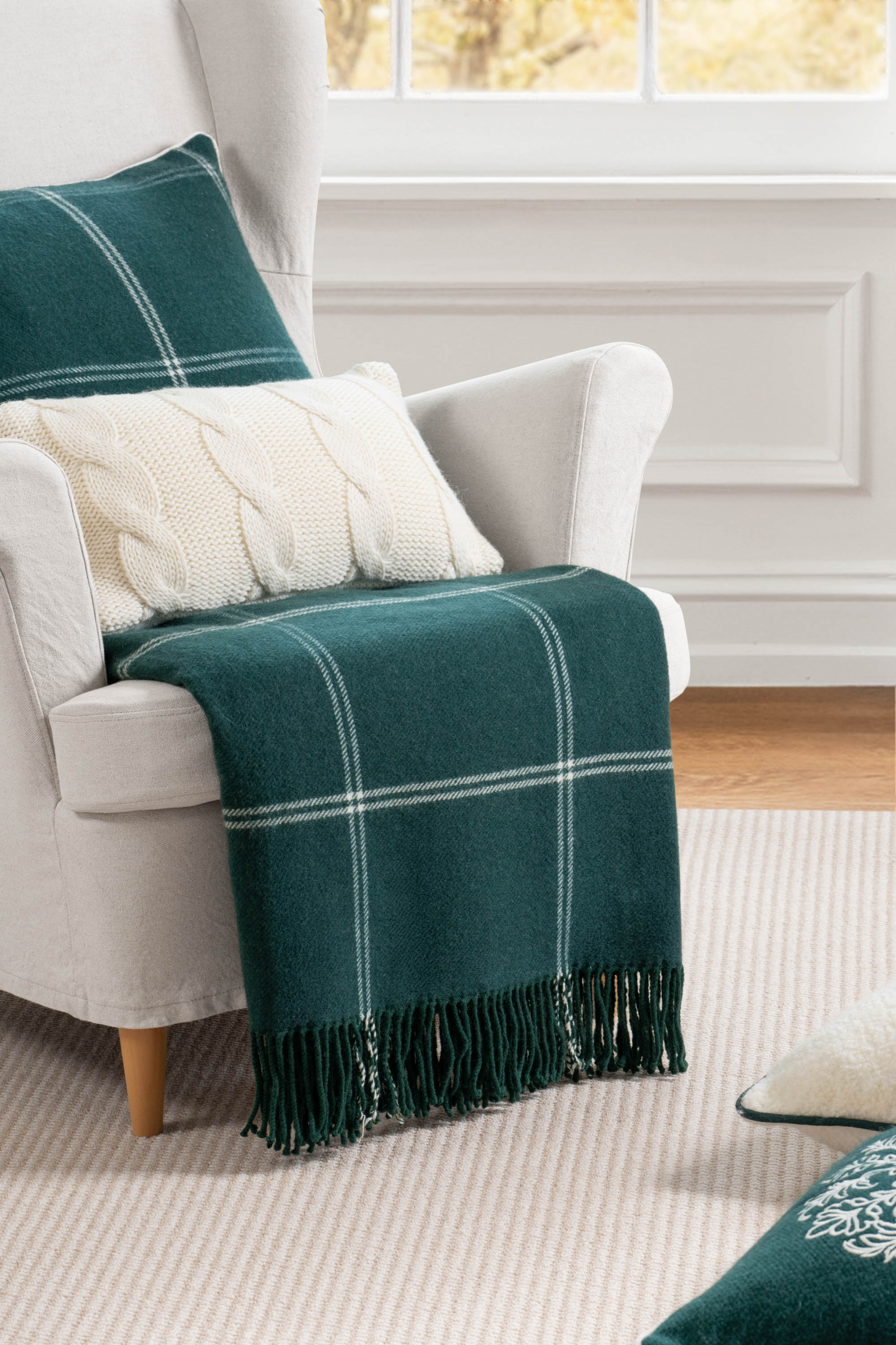Chatham Windowpane, Merino Wool Plaid Throw Blanket, Hunter Green , 50"x70"