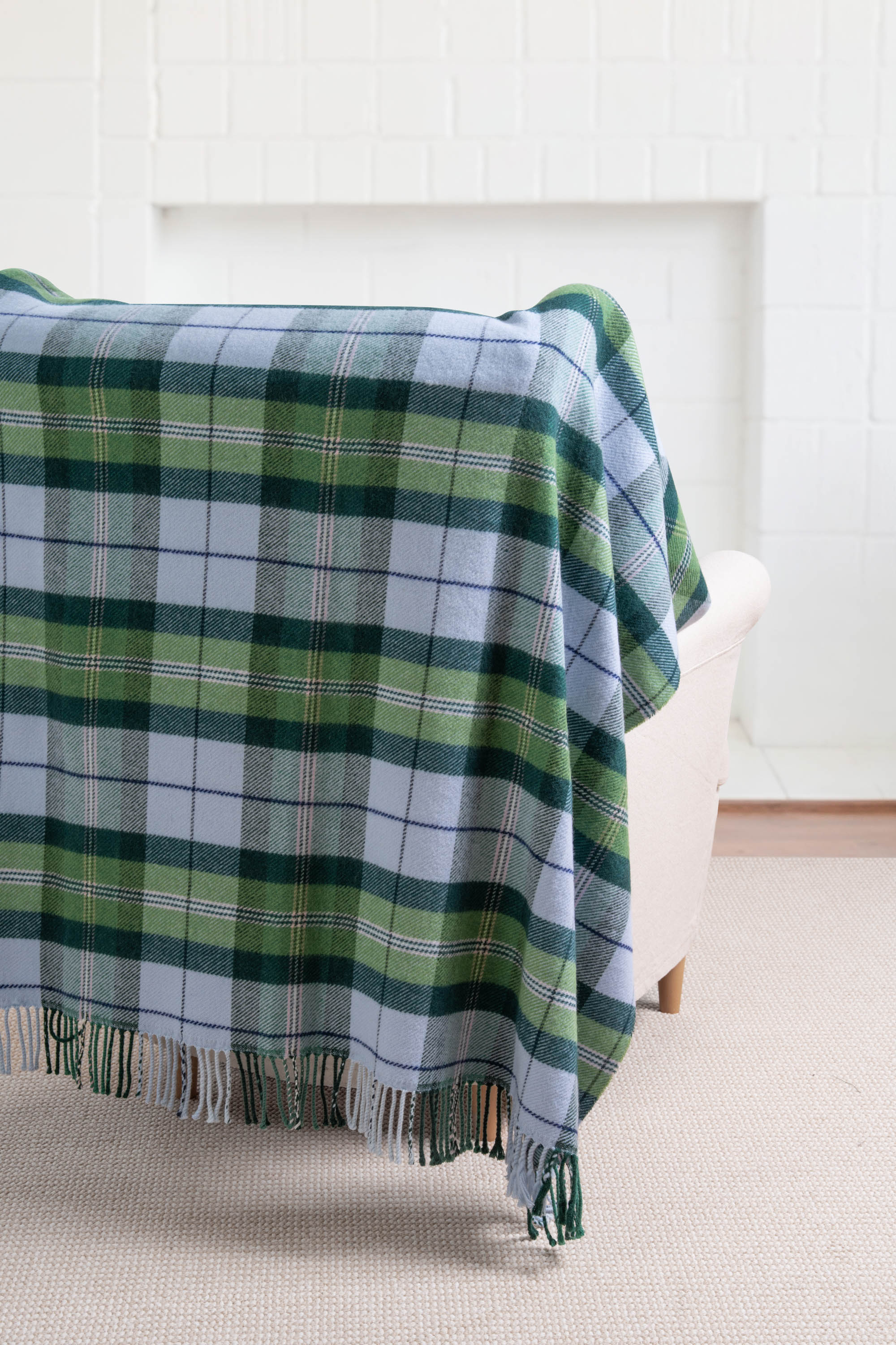 Rosecliff Tartan, Merino Wool Holiday Throw Blanket, Dusty Blue Green , 50"x70"