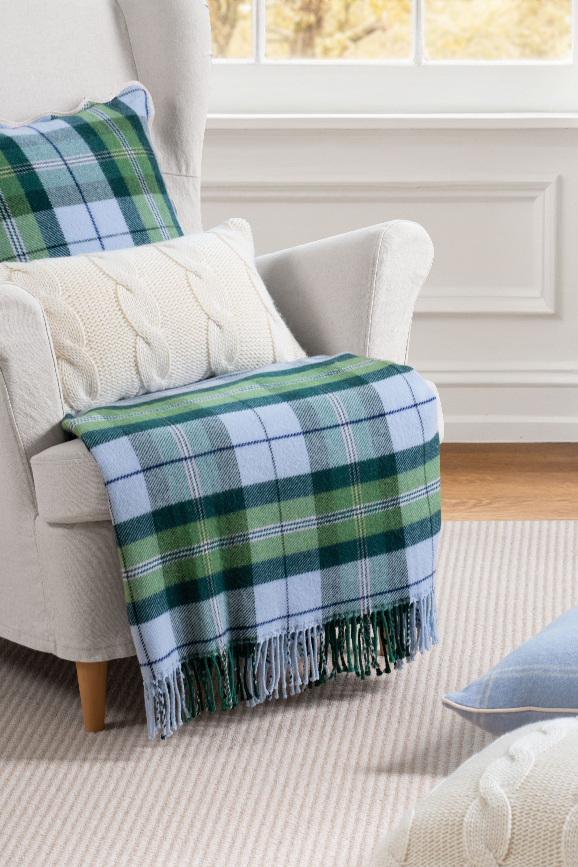 Rosecliff Tartan, Merino Wool Holiday Throw Blanket, Dusty Blue Green , 50"x70"