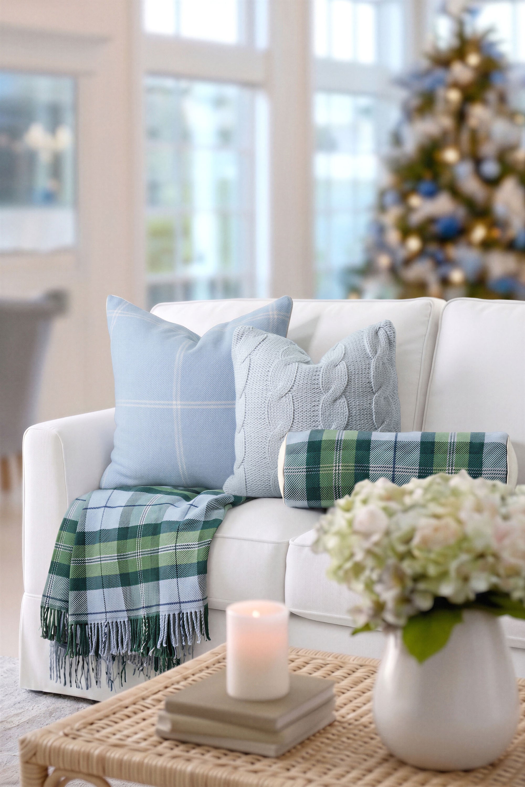 Rosecliff Tartan, Merino Wool Holiday Throw Blanket, Dusty Blue Green , 50"x70"