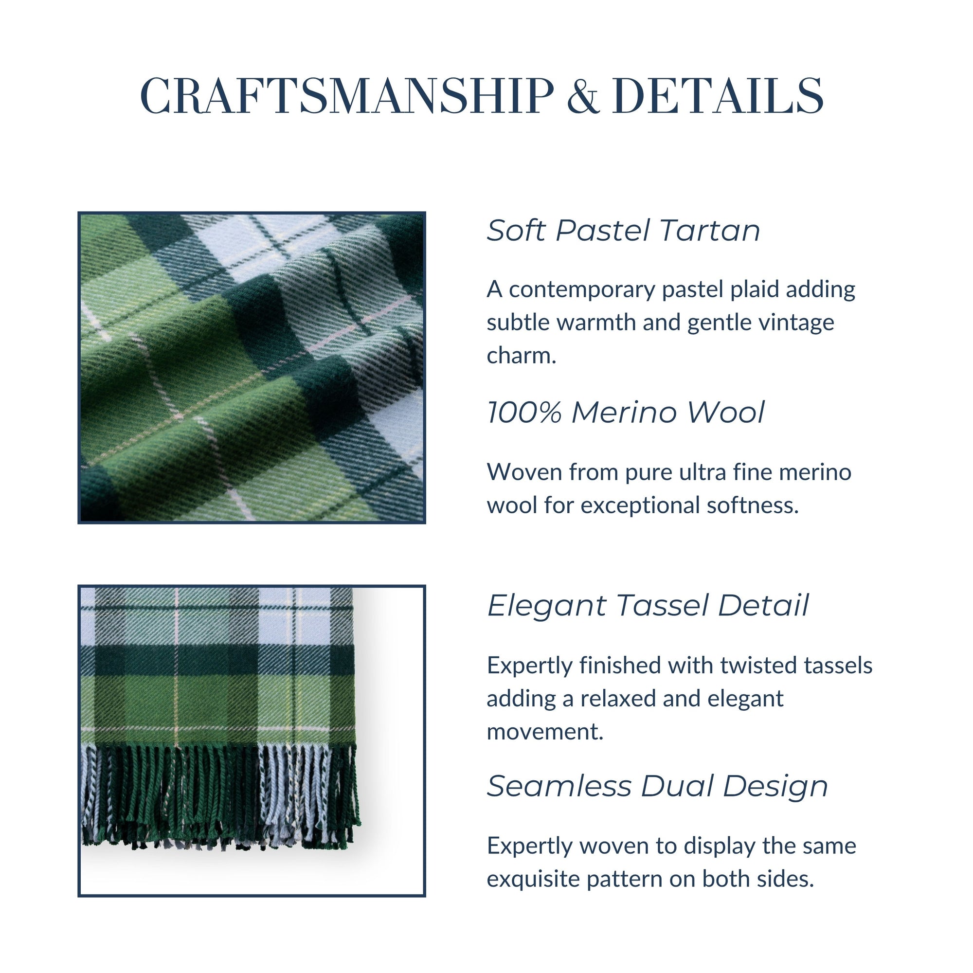 Rosecliff Tartan, Merino Wool Plaid Throw Blanket, Sage Green Blue, 50"x70"