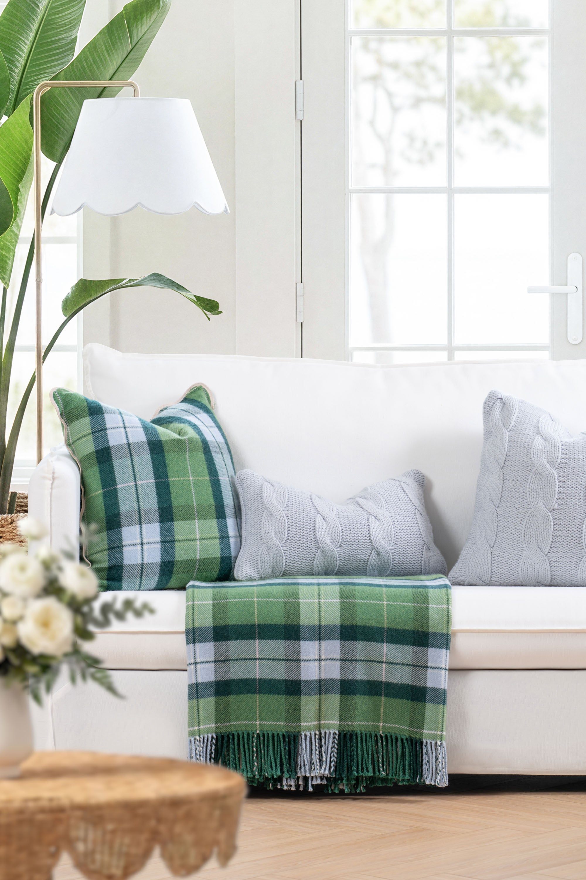 Rosecliff Tartan, Merino Wool Plaid Throw Blanket, Sage Green Blue, 50"x70"