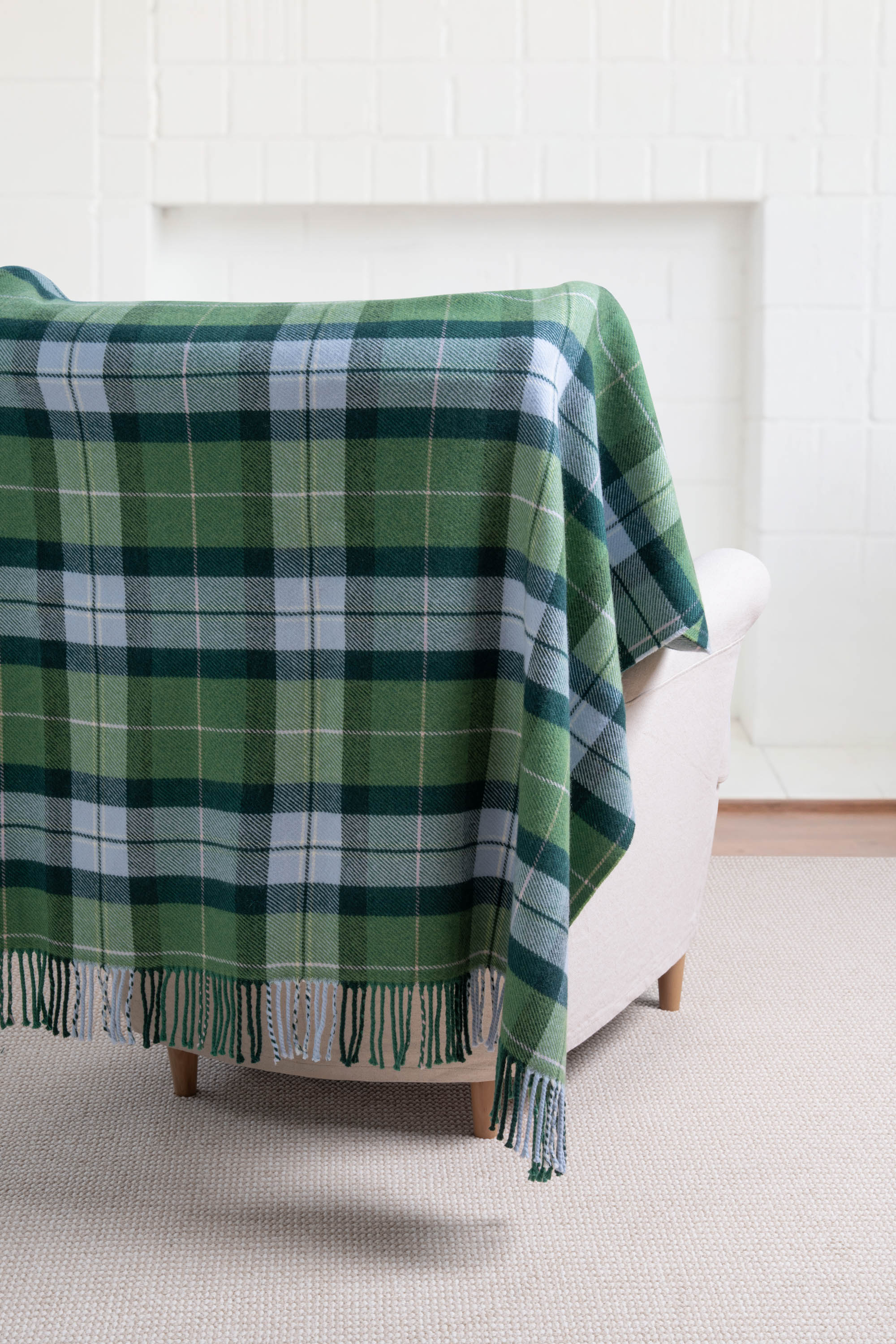 Rosecliff Tartan, Merino Wool Plaid Throw Blanket, Sage Green Blue, 50"x70"