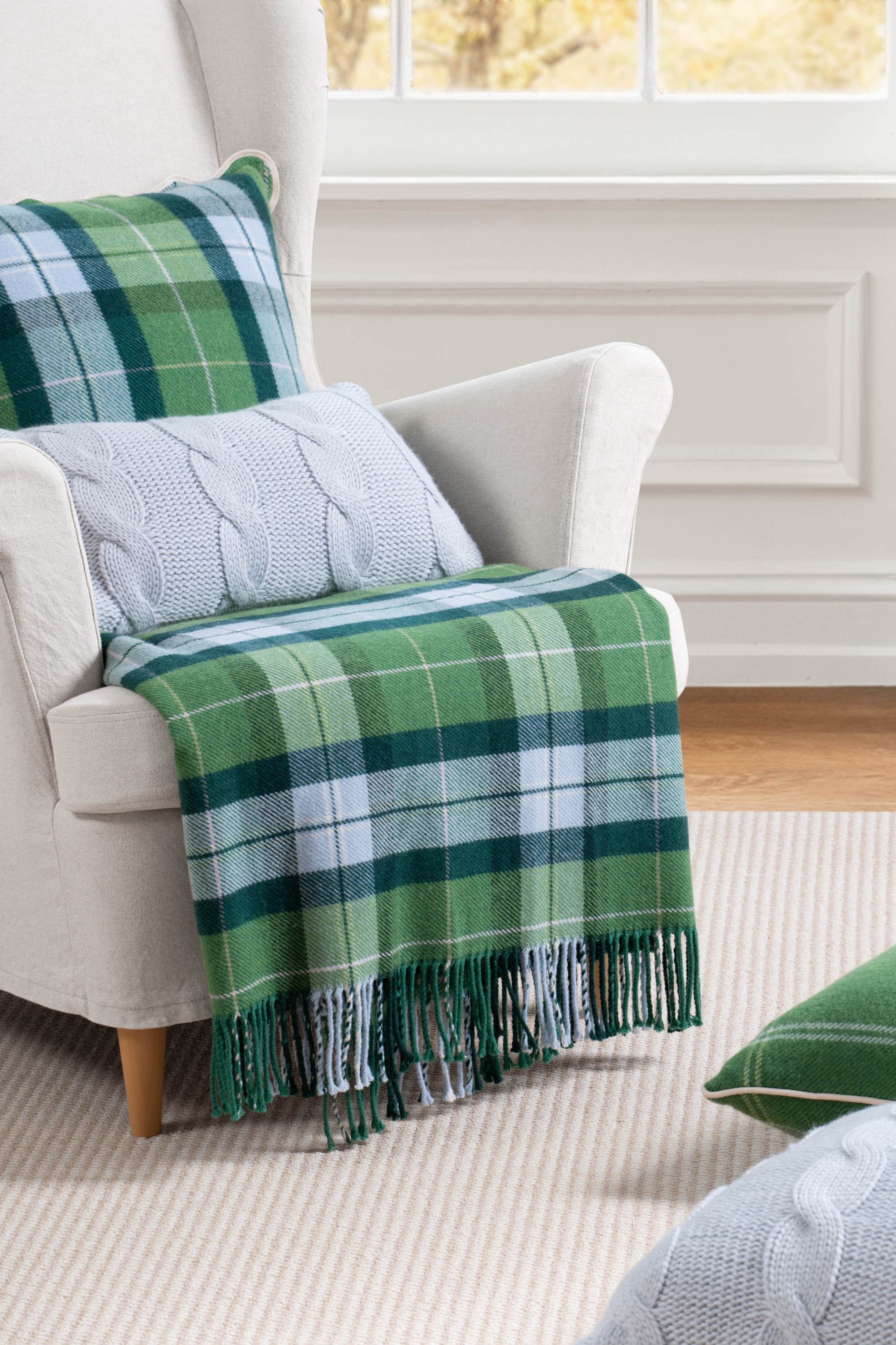 Rosecliff Tartan, Merino Wool Plaid Throw Blanket, Sage Green Blue, 50"x70"