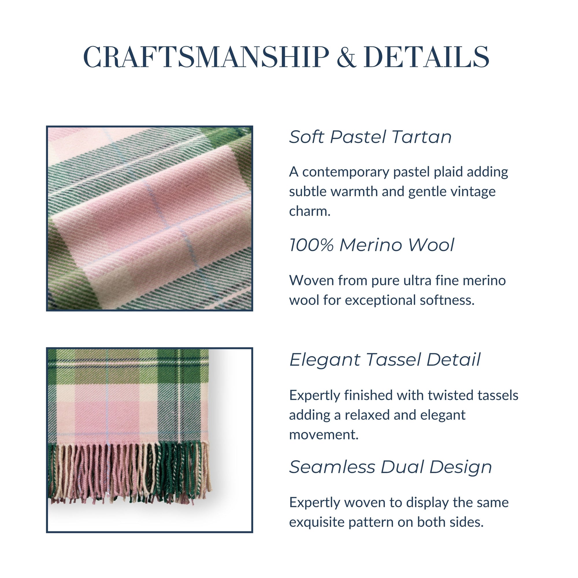 Rosecliff Tartan, Merino Wool Pastel Throw Blanket, Vintage Pink Green, 50"x70"