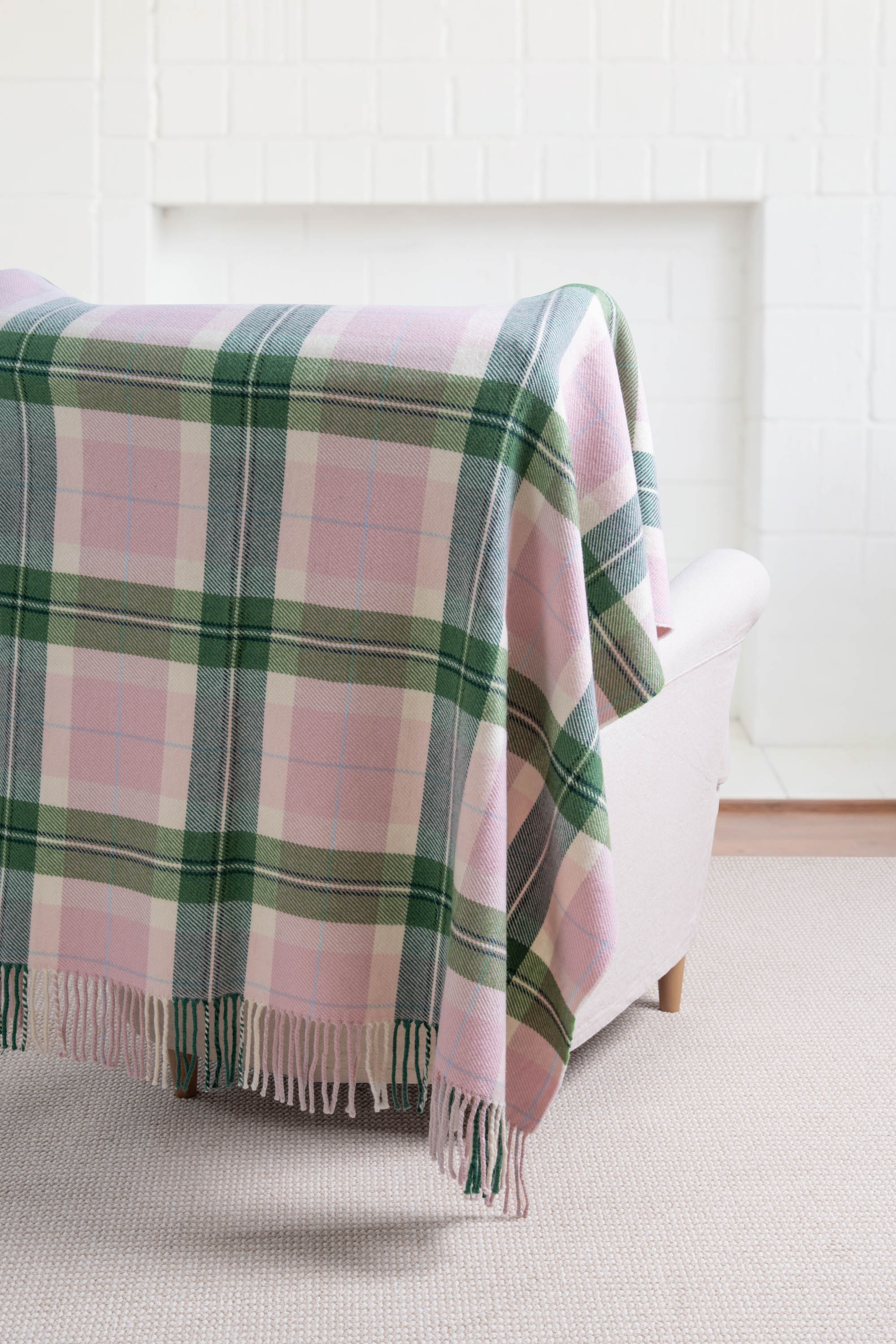 Rosecliff Tartan, Merino Wool Pastel Throw Blanket, Vintage Pink Green, 50"x70"