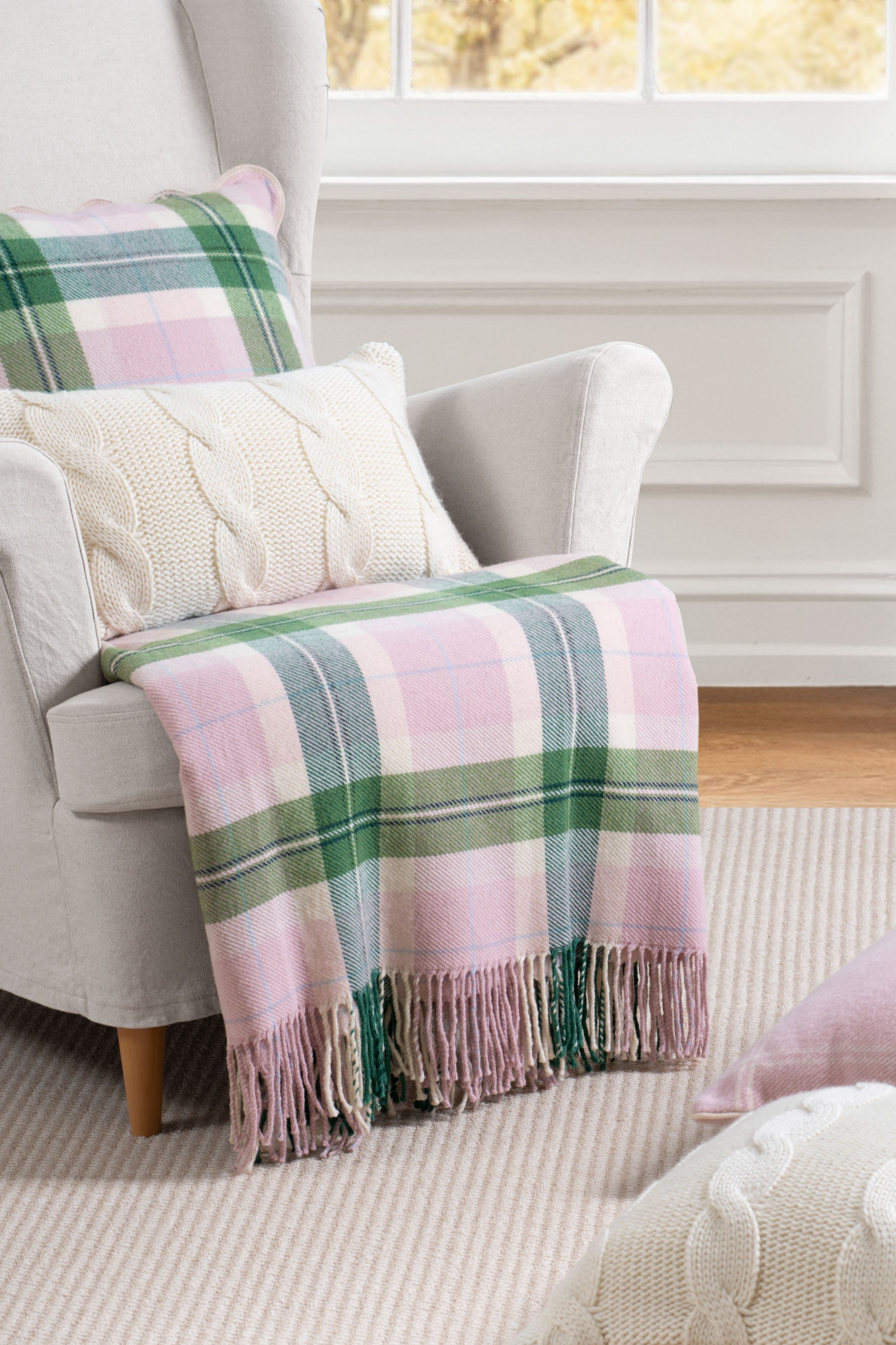 Rosecliff Tartan, Merino Wool Pastel Throw Blanket, Vintage Pink Green, 50"x70"