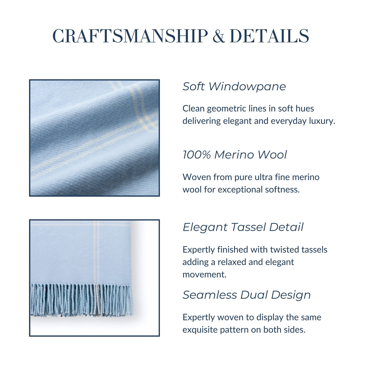 Chatham Windowpane, Merino Wool Coastal Throw Blanket, Dusty Blue, 50"x70"