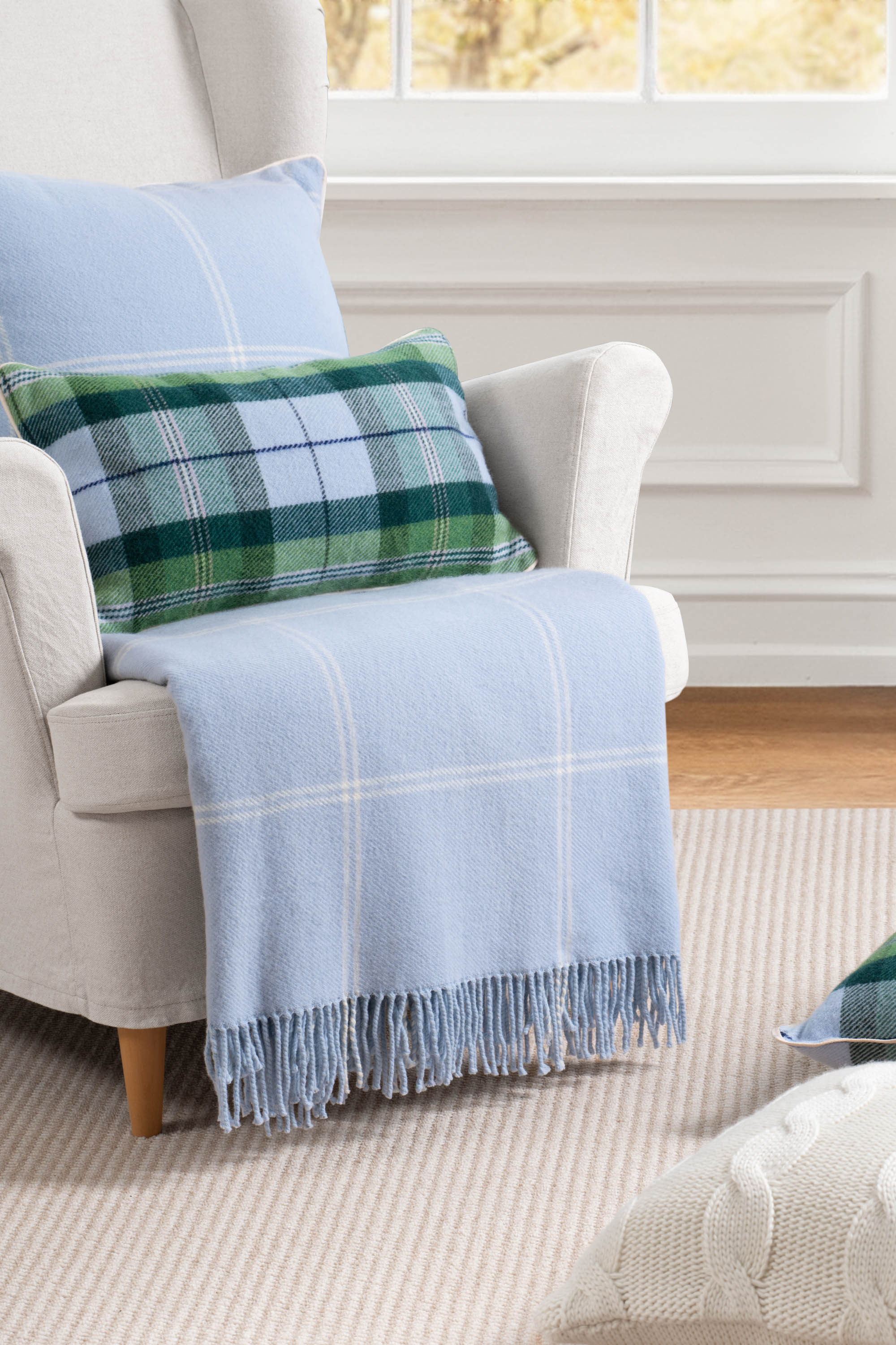 Chatham Windowpane, Merino Wool Coastal Throw Blanket, Dusty Blue, 50"x70"