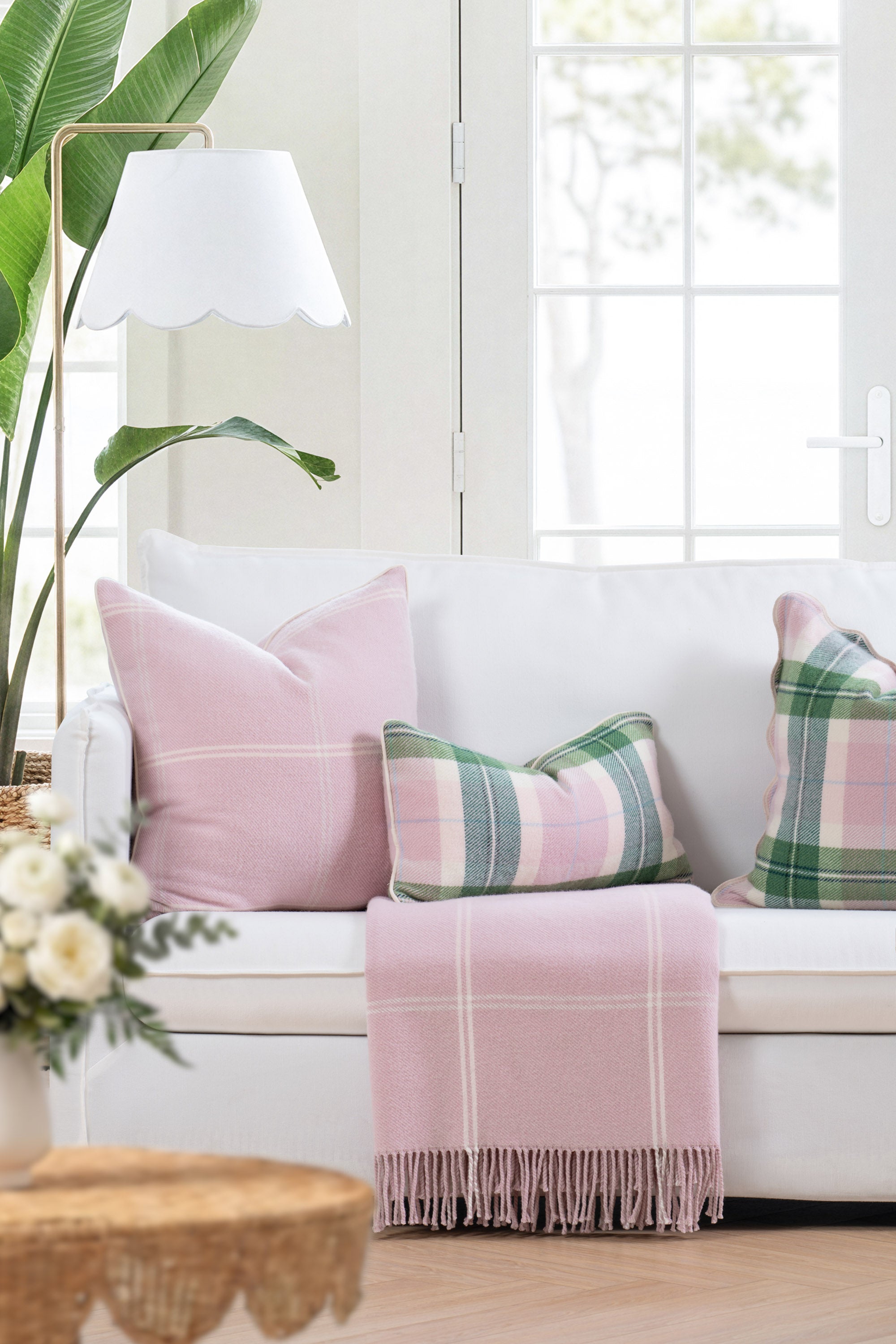 Chatham Windowpane, Merino Wool Pastel Throw Blanket, Vintage Pink, 50"x70"