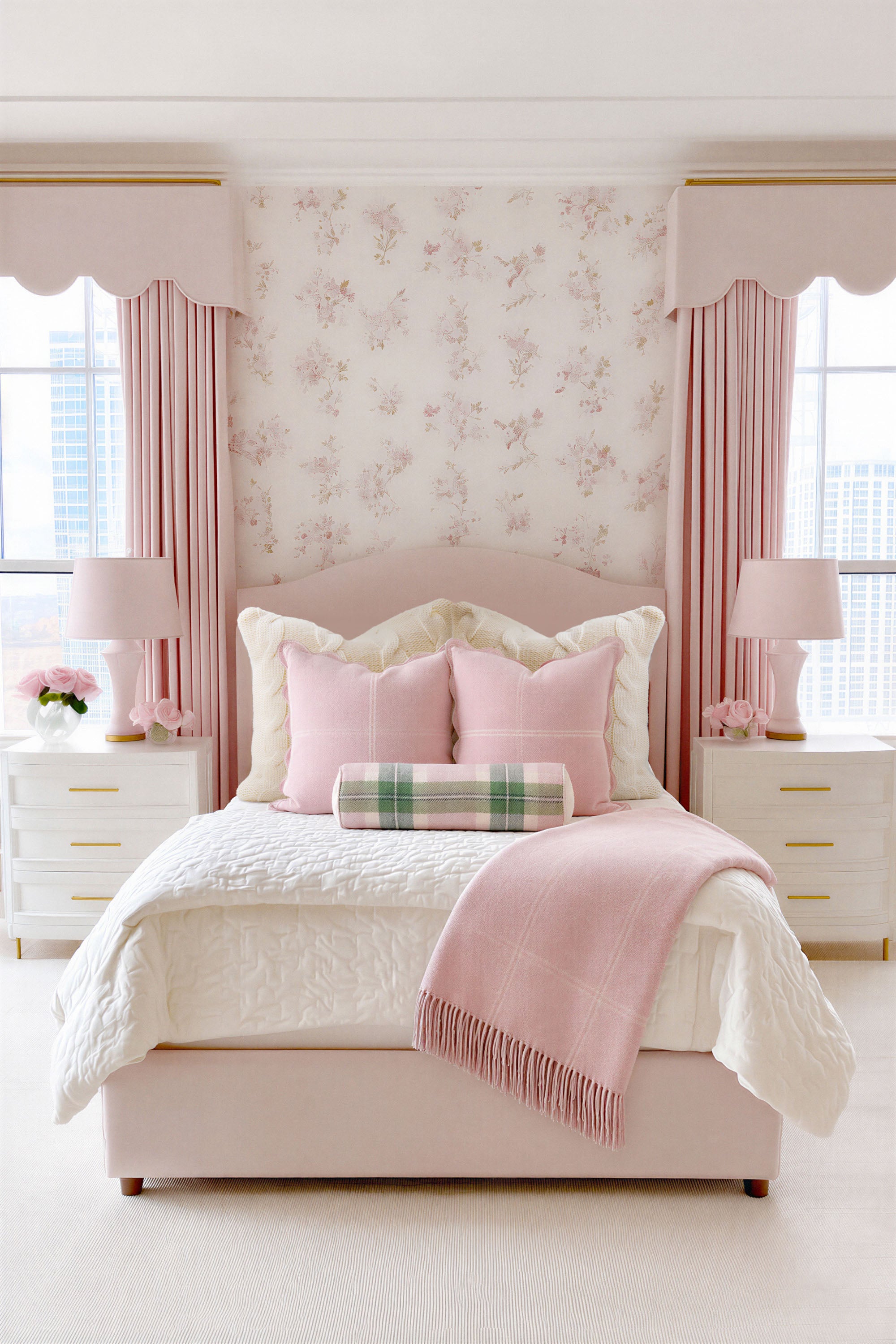 Chatham Windowpane, Merino Wool Pastel Throw Blanket, Vintage Pink, 50"x70"