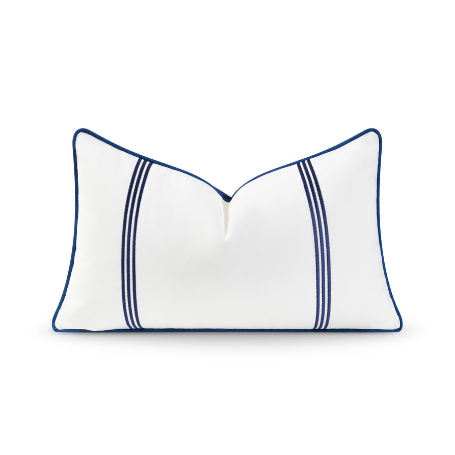 Coastal Hampton Style Indoor Outdoor Lumbar Pillow Cover, Embroidered Vertical Line, Navy Blue, 12