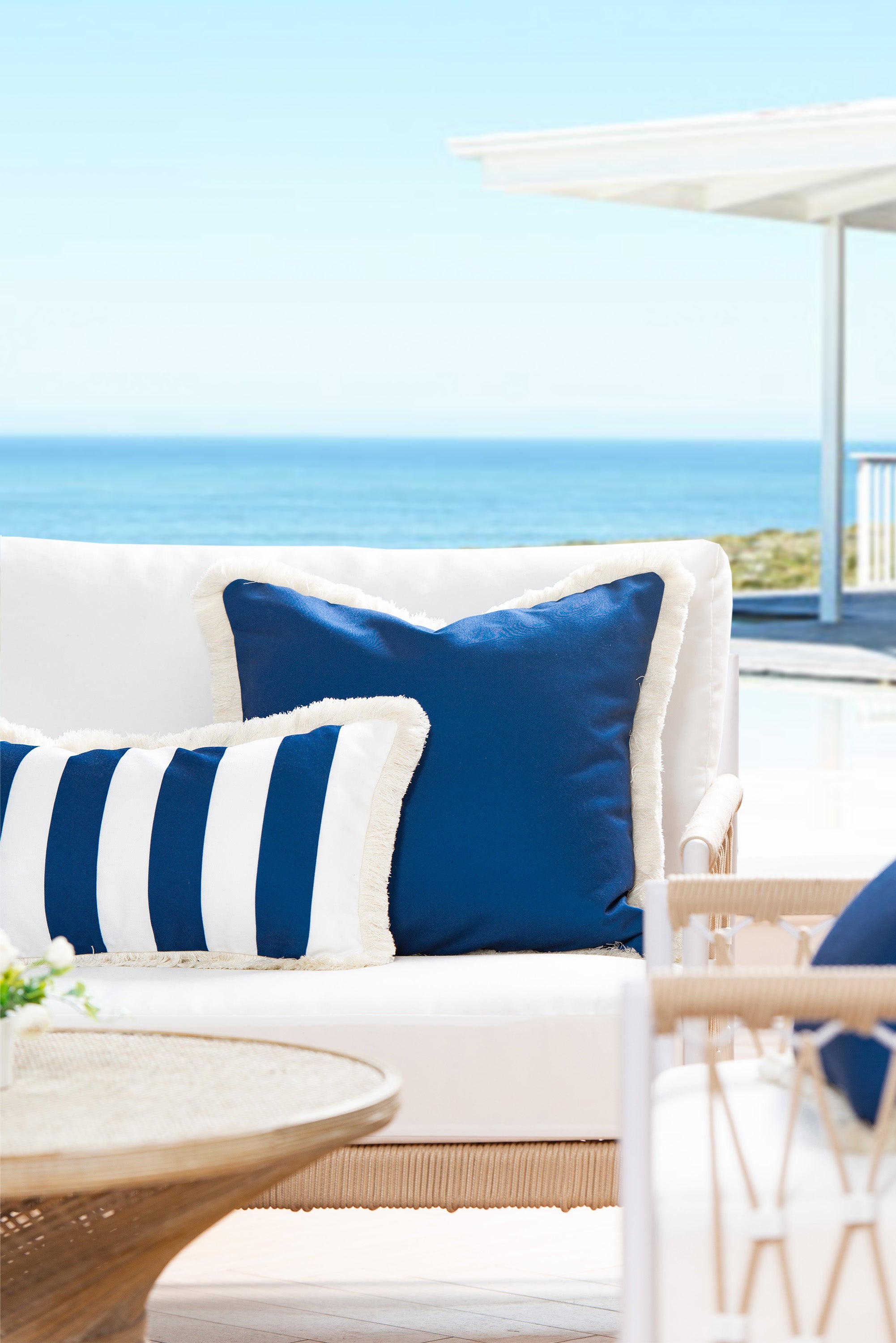 Coastal Navy and White Striped Pillow Cover, Stripe Fringe | Hofdeco