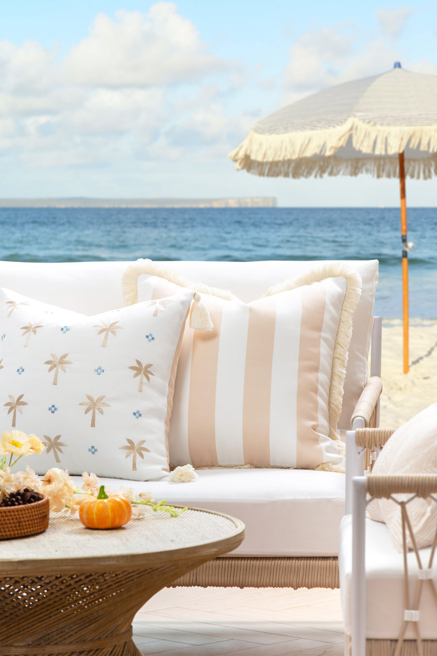 Fall Coastal Indoor Outdoor Pillow Cover, Stripe Fringe, Neutral Tan, 20