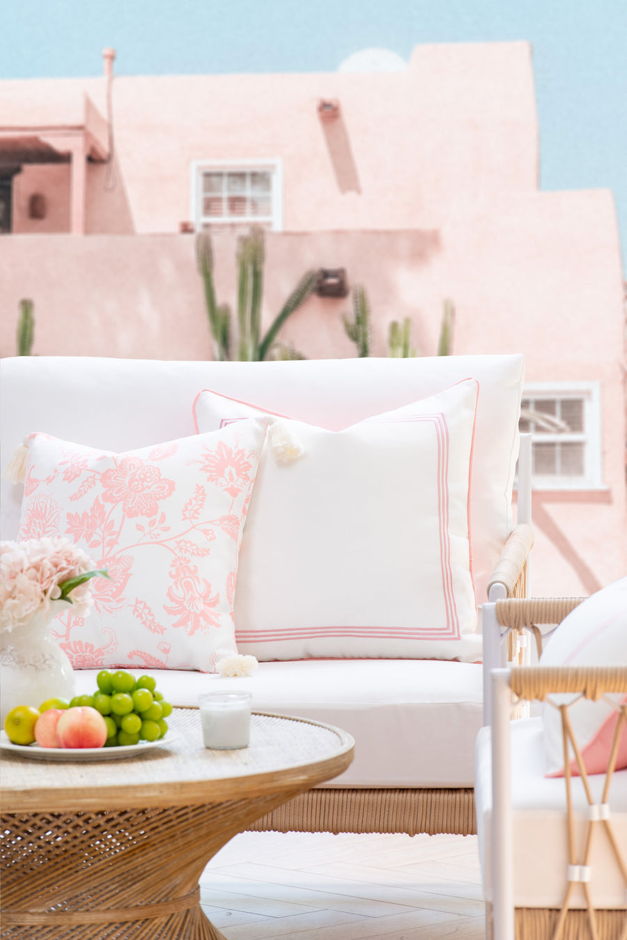 Coastal Indoor Outdoor Pillow Cover, Floral Tassel, Blush Pink, 18