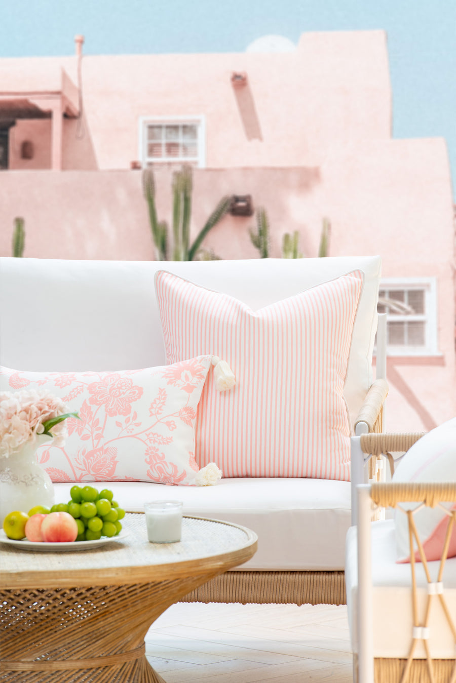 Coastal Indoor Outdoor Lumbar Pillow Cover, Floral Tassel, Blush Pink, 12