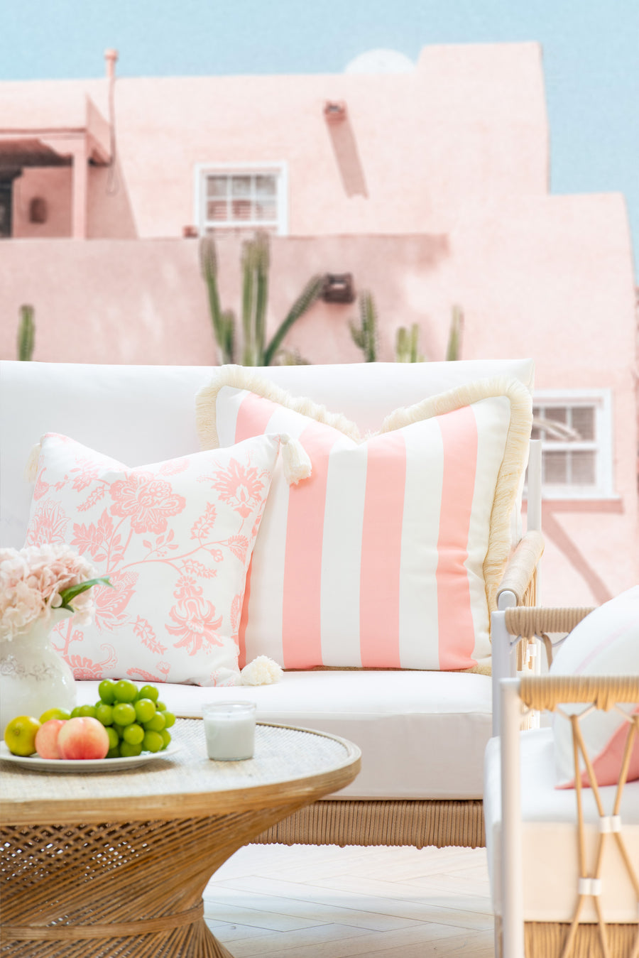 Coastal Indoor Outdoor Pillow Cover, Stripe Fringe, Blush Pink, 20