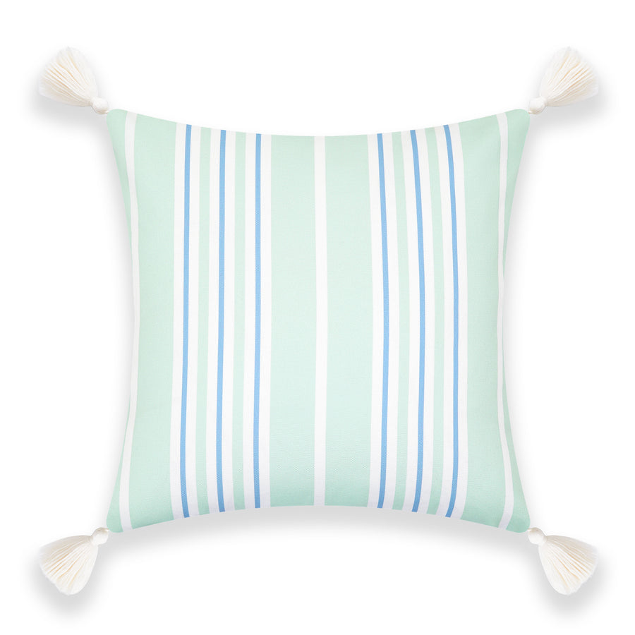 Coastal Indoor Outdoor Pillow Cover, Stripe Tassel, Muted Aqua Cornflower Blue, 18
