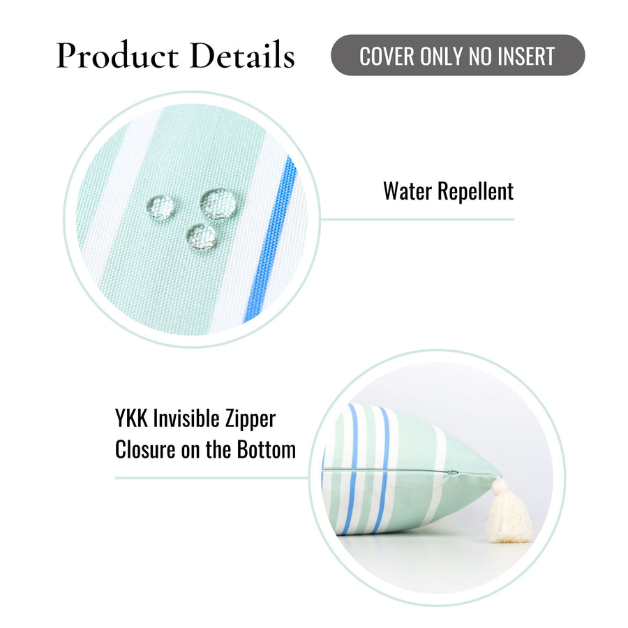 Coastal Indoor Outdoor Pillow Cover, Stripe Tassel, Muted Aqua Cornflower Blue, 18